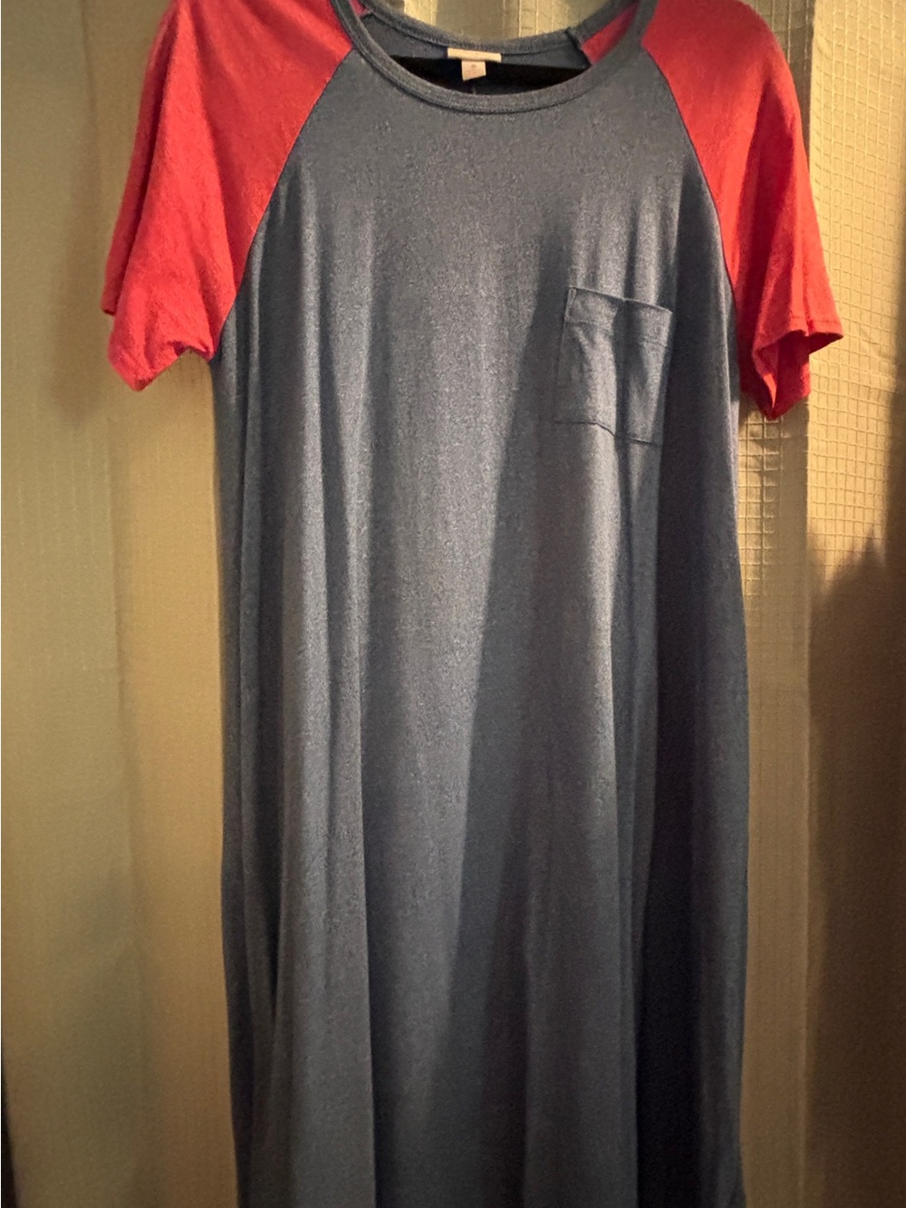 LuLaRoe Blue Maxi Dress with Red Raglan Sleeves